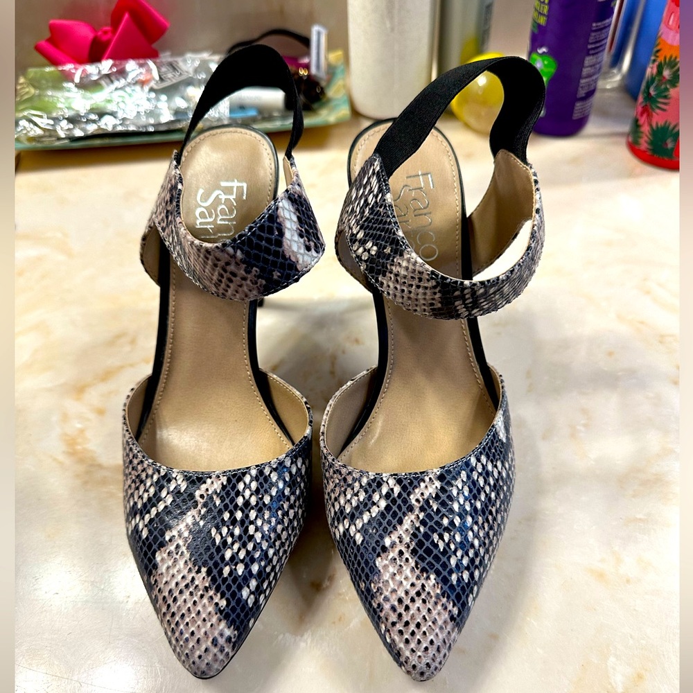 Franco Sarto elastic strap heel snake print